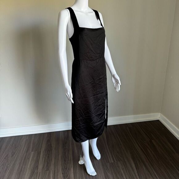 90’s Style Black Slip Midi Dress With Leg Slit - Picture 2 of 8